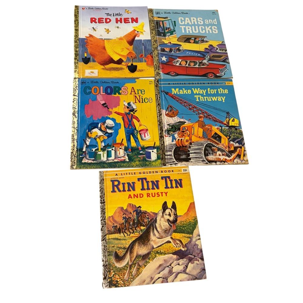 Vintage Little Golden Books Lot of 5 Red Hen Rin Tin Tin Cars Trucks Colors Nice